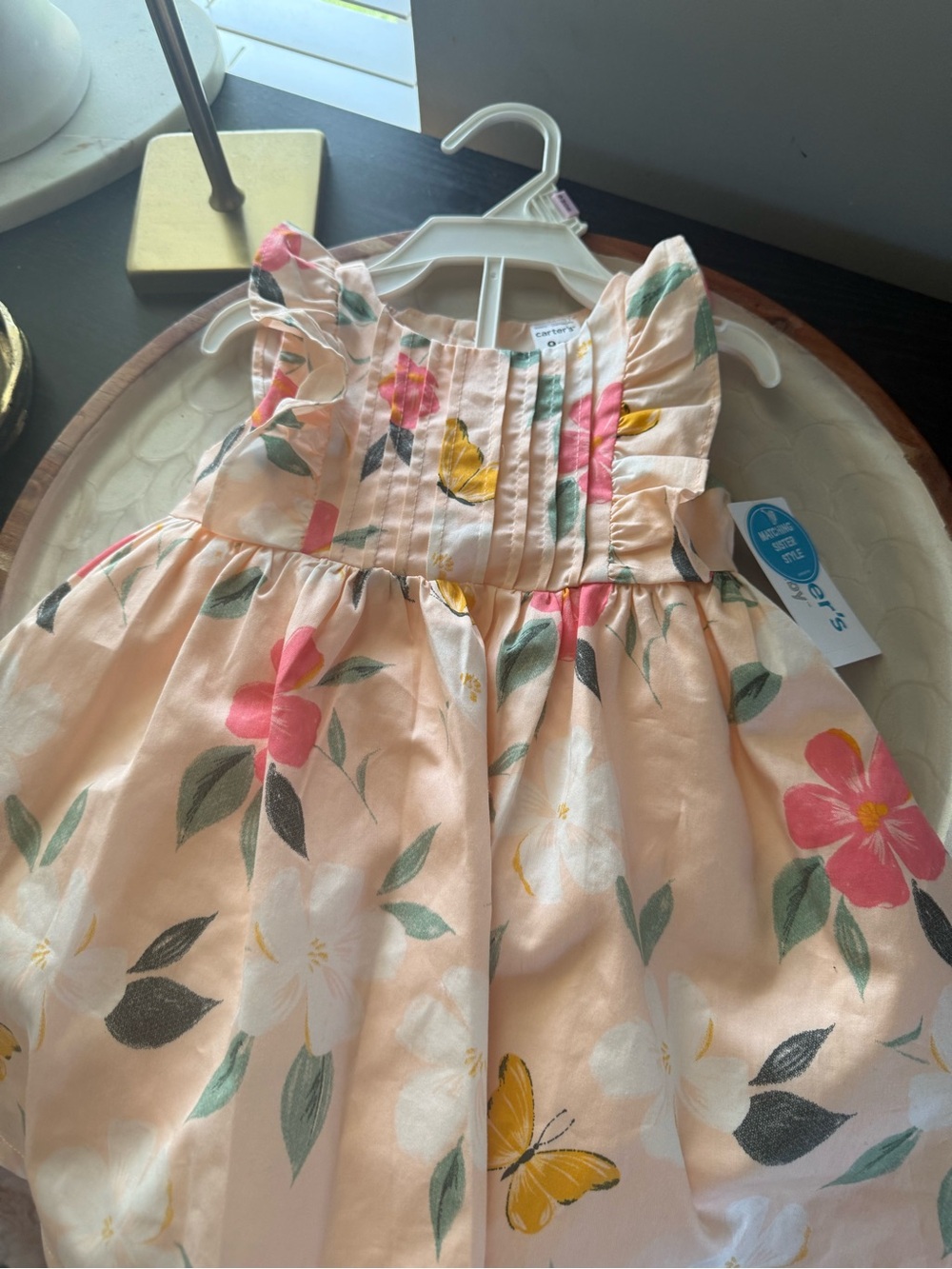 Carters Brand New Peach Floral Butterflies Ruffle Baby Dress